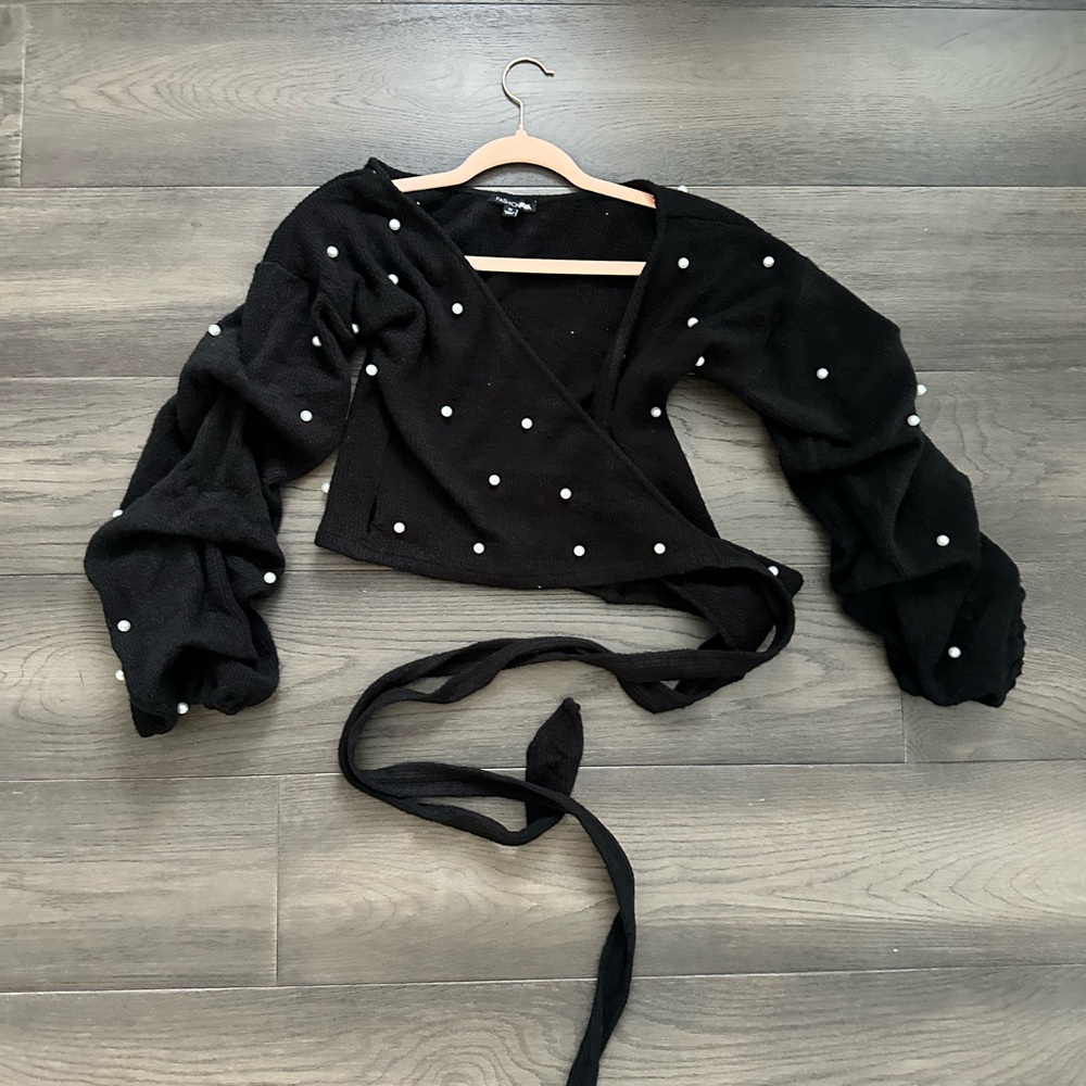 Black Wrap Top with White Polka Dots